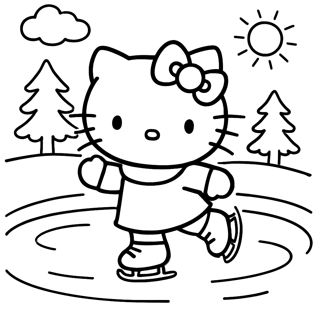 Hello Kitty ice skating on a frozen pond